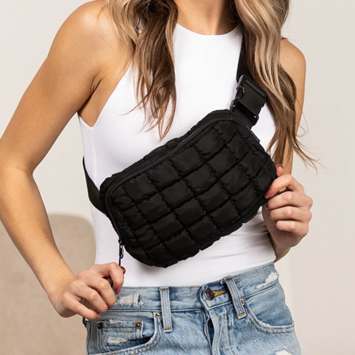 Evyn Quiltet Puffer Sling Crossbody Bælte Mave Taske