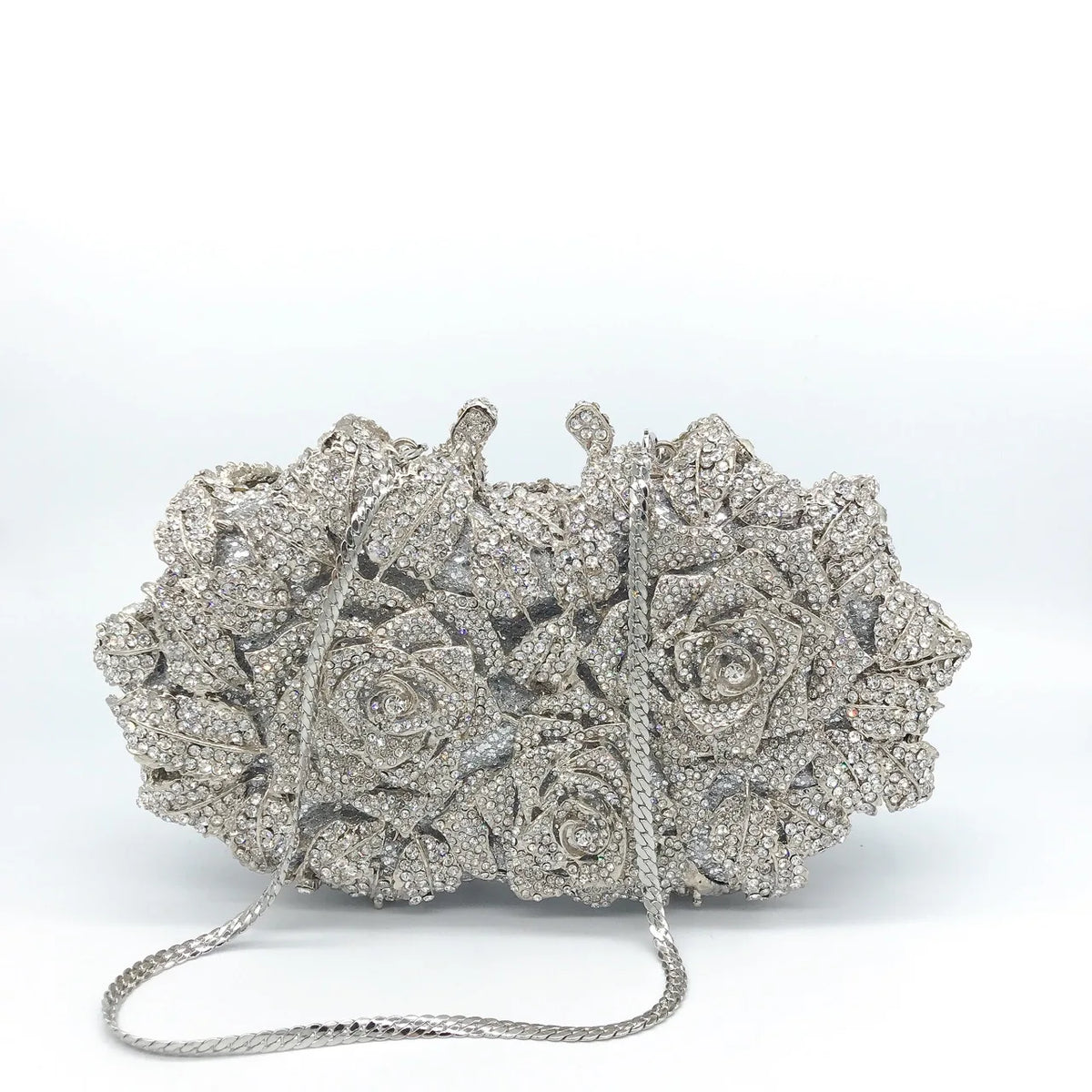Luxury rhinestone evening clutch with intricate rose design, perfect for weddings and formal events.