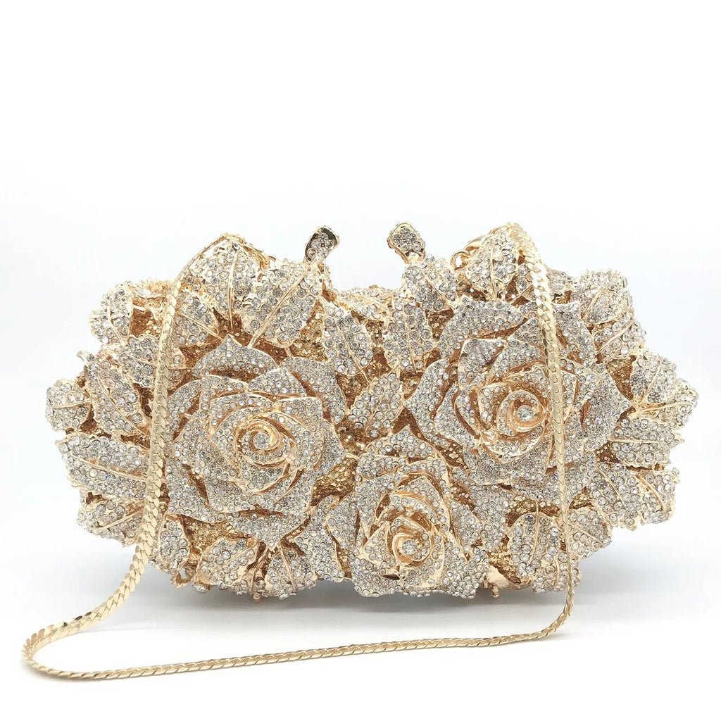Luxury rhinestone evening clutch featuring stunning rose design embellished with rhinestones.