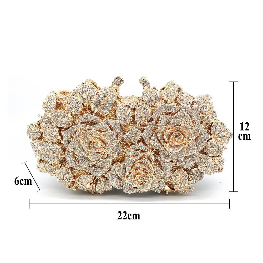 Luxury rhinestone evening clutch with floral design, measuring 22cm x 12cm x 6cm, ideal for weddings and formal events.
