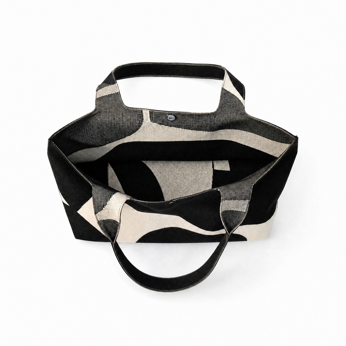 Inside view of MOOdy Black Signature Tote bag showcasing modern design and spacious interior.