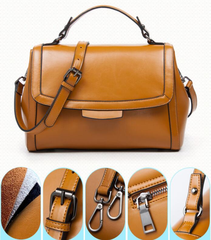 Genuine leather shoulder handbag in earthy yellow with horizontal shape and stylish design.